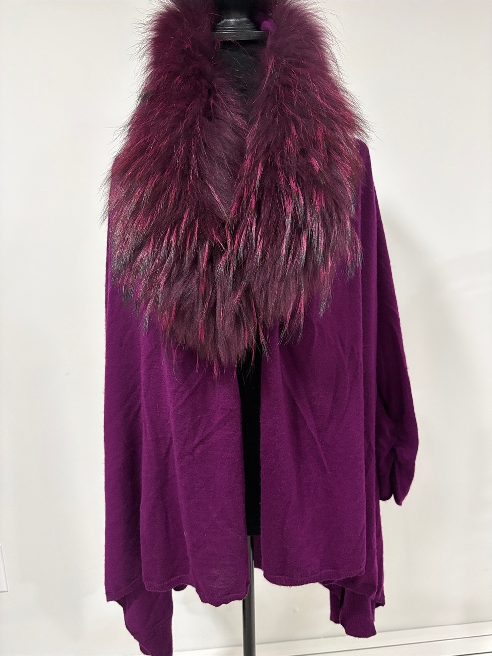 Alice + Olivia Deep Plum Fur-Trim Draped Cardigan SZ Medium